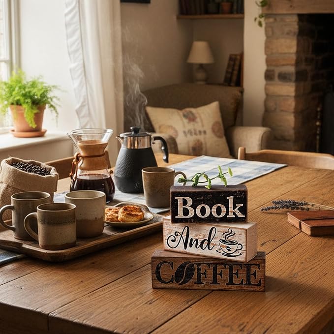 Moucuny 4 Pcs Farmhouse Table Decor Rustic Wooden "book and Coffee" Stacked - Image 4