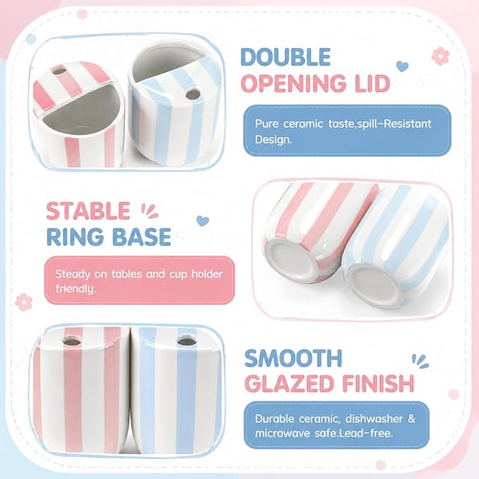 2 Pcs Ceramic Mug with Sip Hole 10 oz Novelty Pink Light Blue Striped Coffee - Image 3