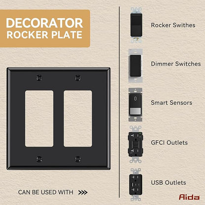AIDA 2-Gang Decorative Wall Plates, 4.88" H x 4.94" L - Unbreakable Thermoplastic Faceplate Cover for Outlets and Switches, UL Listed - (10 Pack, Glossy Black)
