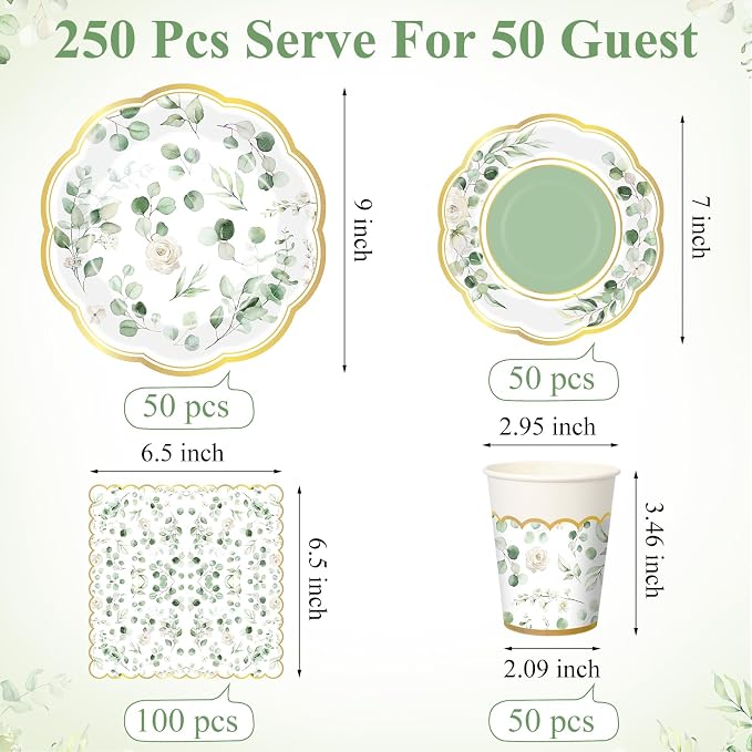 Funnymoom 250 Pcs Sage Green Color Party Decorations Eucalyptus Greenery Plates - Image 3