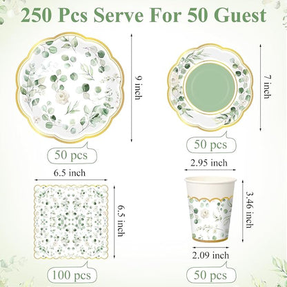 Funnymoom 250 Pcs Sage Green Color Party Decorations Eucalyptus Greenery Plates - Image 3