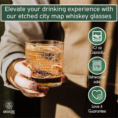 Greenline Goods Whiskey Glasses - 10 Oz Tumbler Gift Set for New Orleans lovers, Etched with New Orleans Map Old Fashioned Rocks Glass - Set of 2