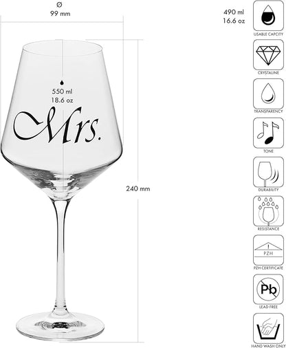 Krosno Mr & Mrs Wine Glasses, Set of 2, 18.6 oz, Avant-Garde Collection, Crystal Glass, Ideal Wedding Gift, Dishwasher Safe, Made in Europe