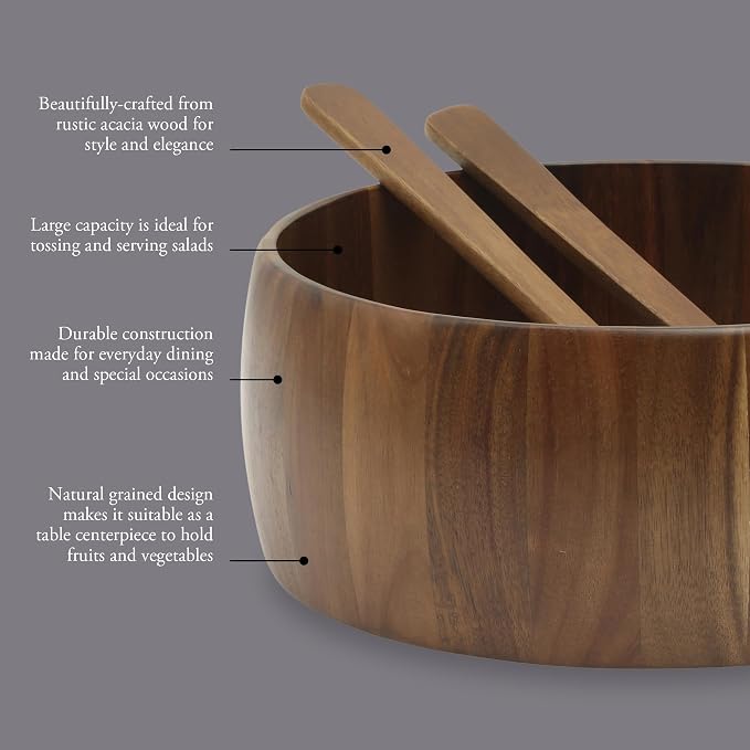 Gibson Home Laurelton 3-Piece Acacia Wood Salad Serving Bowl Set – Large - Image 4