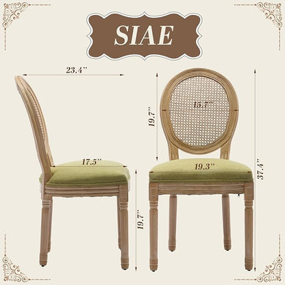 SoarFlash French Dining Chairs Set of 2, Vantage Dining Chair with Round Back, Wood Leg Farmhouse Country Rattan Dining Chair for Kitchen,Bedroom,Olive Green