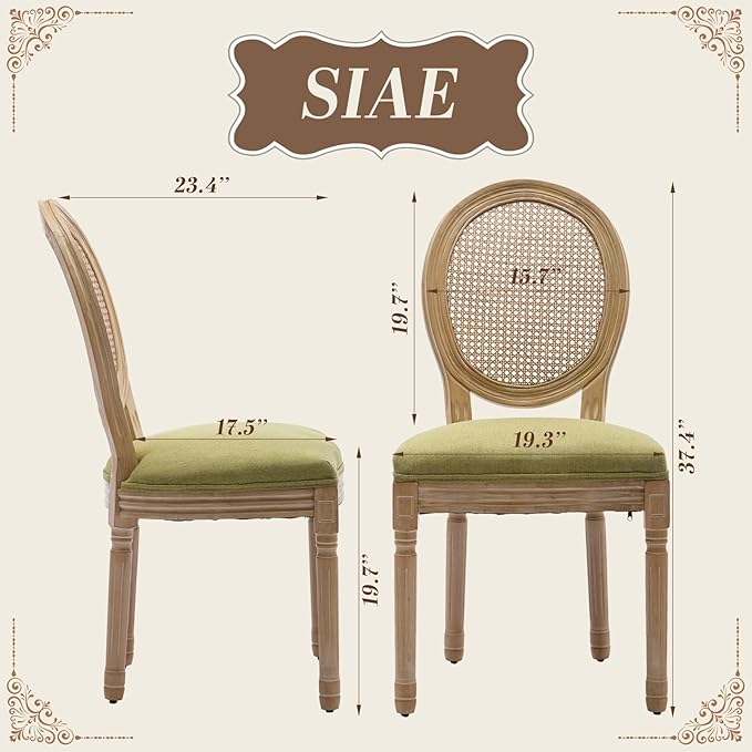 SoarFlash French Dining Chairs Set of 4, Vantage Dining Chair with Round Back, Wood Leg Farmhouse Country Rattan Dining Chair for Kitchen,Bedroom,Olive Green