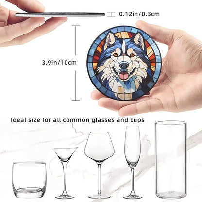 Drink Coaster Set of 6, Alaskan Malamute Dog Mom Lover Gift,Leather Drink Coasters with Holder,6 Pack Cup/Bar/Drink Coasters for Table/Drinks/Coffee Protection Housewarming Gift