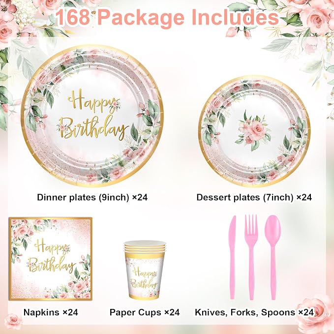 Rose Gold Party Decorations Pink Floral Birthday Plates and Napkins | 168 Pcs - Image 2