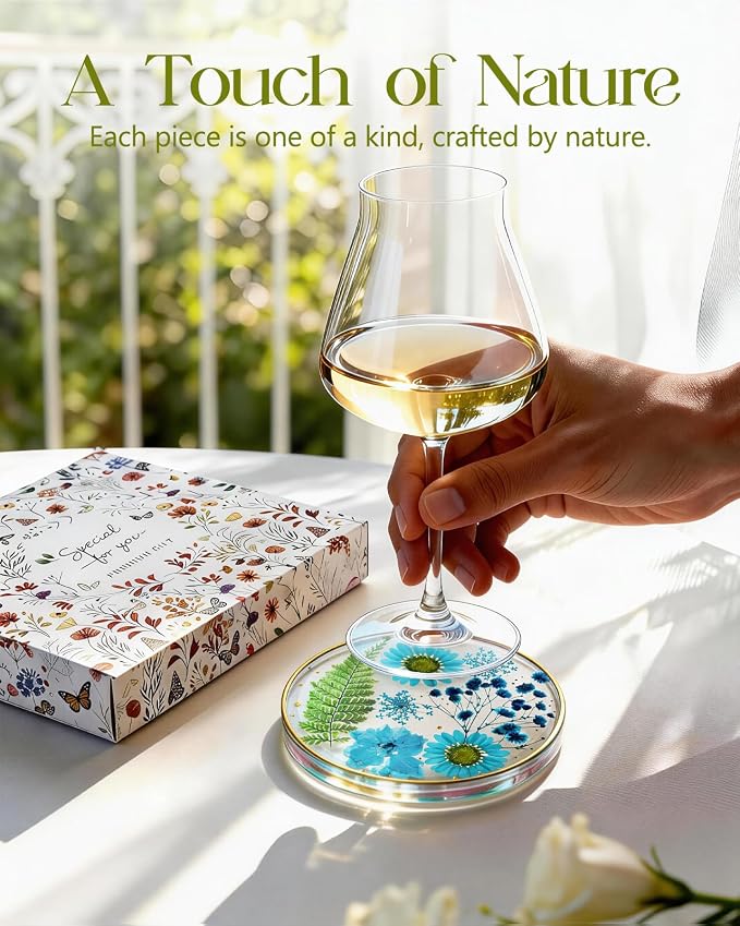 Oqplog Resin Drink Coasters for Desk Coffee Table-Blue Cute Dried Flowers Cup - Image 3