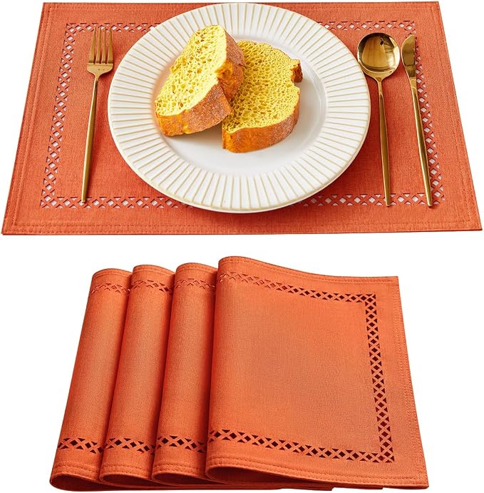 Orange Burlap Place Mats, Fall Placemats Set of 4, 12 x 18 Inch | Double Layer by Aoztio