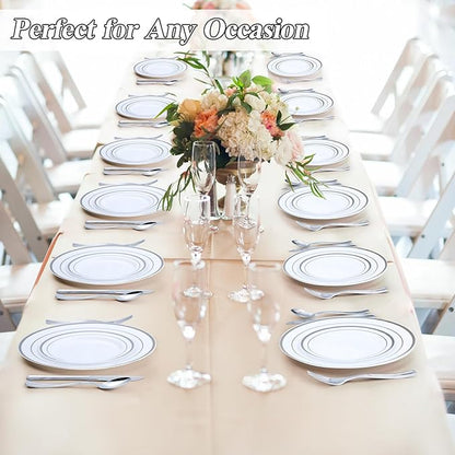 BESTSTAR 100PCS Silver Plastic Plates Set, 50 10.25 inch Dinner Plate and 50 7.5 inch Dessert Plates, Premium Disposable Plates for Party, Wedding