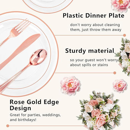GATHER 350PCS Rose Gold Plastic Plates - Disposable Rose Gold Dinnerware Includes 100 Clear Rose Golds Rimmed Plastic Plates, 150 Silverware, 50 Napkins, 50 Cups for Party, Wedding, Valentine's Day