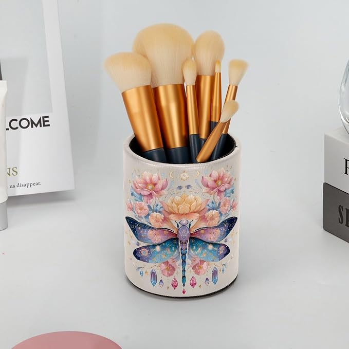 Leather Pen Holder for Desk, Dragonfly Pencil Cup Pen Organizer Makeup Brush - Image 6