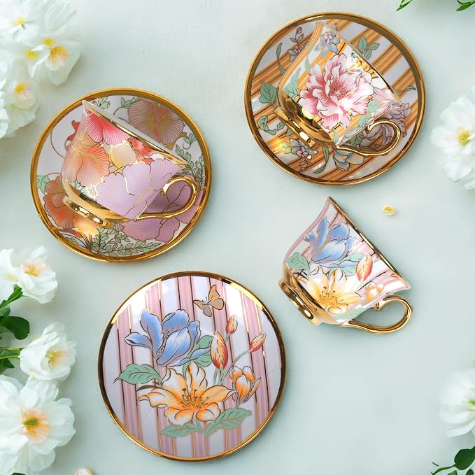 Tea Cups and Saucers Set of 6, 8 OZ Ceramic Tea Cups - Image 5