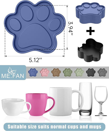 ME.FAN Silicone Coasters 6 Pack Paw Cup Mat with Holder, Dog Cat Paw Shape, for Hot or Cold Drink, Non-Slip, Non-Stick, Room Decor, Housewarming Coffee