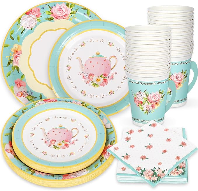 Whaline Tea Party Tableware Supplies Serves 24 Floral Tea Party Disposable by Whaline