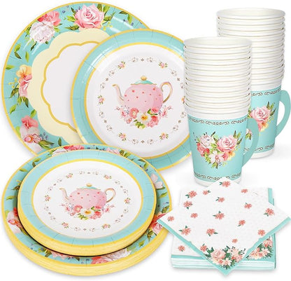 Whaline Tea Party Tableware Supplies Serves 24 Floral Tea Party Disposable by Whaline