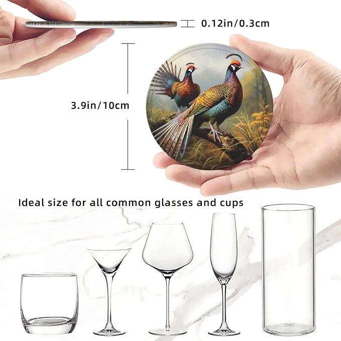 6Pcs PU Leather Coaster for Drinks, Pheasants Animals Cup Coasters - Image 2