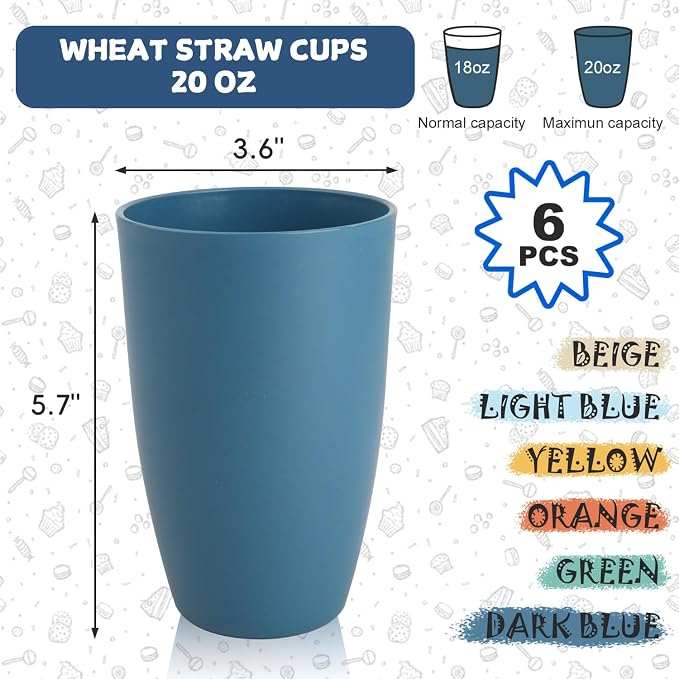 Wheat Straw Cups Set of 6, Unbreakable 20 OZ Reusable Cups, Alternative Plastic - Image 3