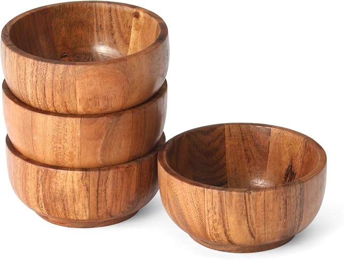 Acacia Wood Round Serving Bowls Set of 4 U Shape - Image 6