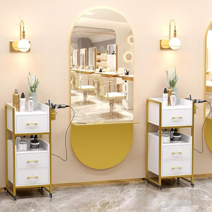OmySalon Salon Trolley Cart, Hair Styling Station with 3 Drawers, 2 Open Shelf & Tool Holders, Mobile Barber Storage Cabinet Utility Trolley for Beauty Salon Spa,White