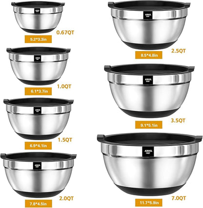 Mixing Bowls with Airtight Lids, 20 piece Stainless Steel Metal Nesting Bowls, Non-Slip Silicone Bottom, Size 7, 3.5, 2.5, 2.0,1.5, 1,0.67QT Great for Mixing, Baking, Serving (Black)