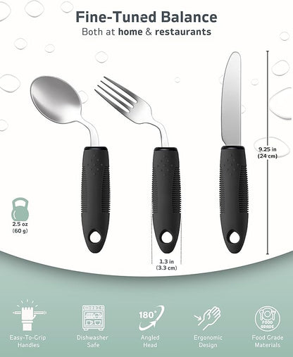 3-Piece Adaptive Utensils Set - 42° Angled Parkinsons Utensils, 2.5 oz Weighted Utensils for Tremors and Parkinsons Patients, Easy Grip Weighted Silverware for Hand Tremors (Right-Handed)