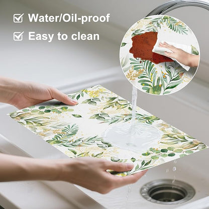 AOFOTO Watercolor Leaves Printed Placemats Set of 4 Spring Sage Green Gold Leaves Place Mats Washable Rectangular Table Mats for Party Home Kitchen Restaurant Dining Table Decor 12x18 Inch