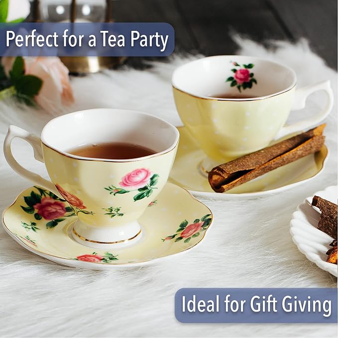 BTaT- Floral Tea Cups and Saucers, 8 oz | Fine Porcelain Teacup Set Gold Trim - Image 6