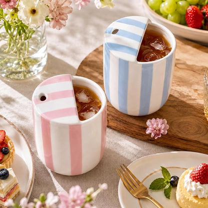 2 Pcs Ceramic Mug with Sip Hole 10 oz Novelty Pink Light Blue Striped Coffee - Image 4