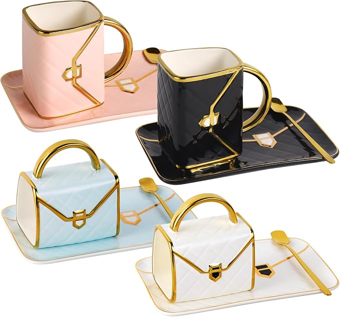 Handbag Coffee Mug Set, Four 10 oz Ceramic Cups by Fovima
