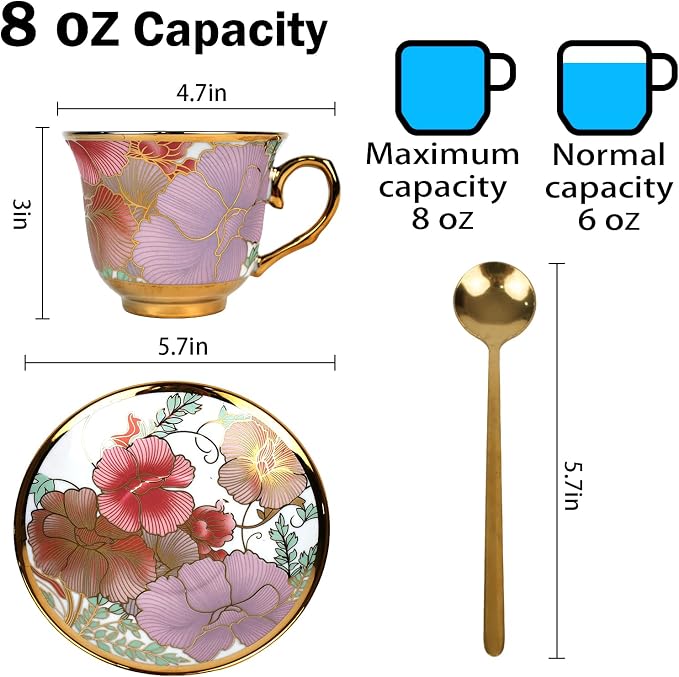 Tea Cups and Saucers Set of 6, 8 OZ Ceramic Tea Cups - Image 2