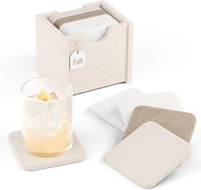 Fluxynara Felt Coasters with Holder, Stone Beige | Square Felt Coasters by FLUXYNARA