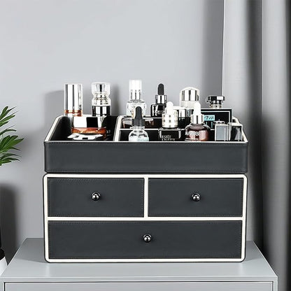 KINGFOM 2 Tier PU Leather Makeup Organizer with 3 Drawers, Cosmetic Storage Organizers for vanity Dresser Countertop and Bathroom Vanity, Beauty Holder for Lipstick Brush Skincare (Black)