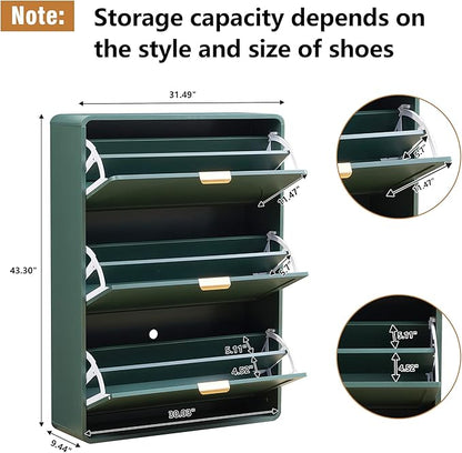 Narrow Hidden Shoe Organizer Cabinet Storage for Entryway, Modern Slim and Skinny Shoe Rack Cabinet with Flip Drawers for Entrance, Hallway - Green