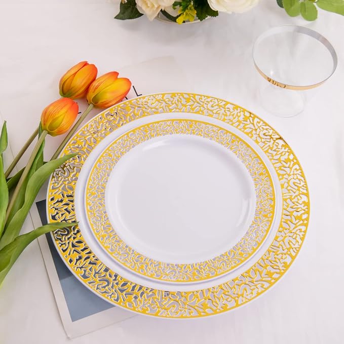 100pcs Gold and White Plates, Heavy Duty Disposable Wedding Plates | elegant - Image 6