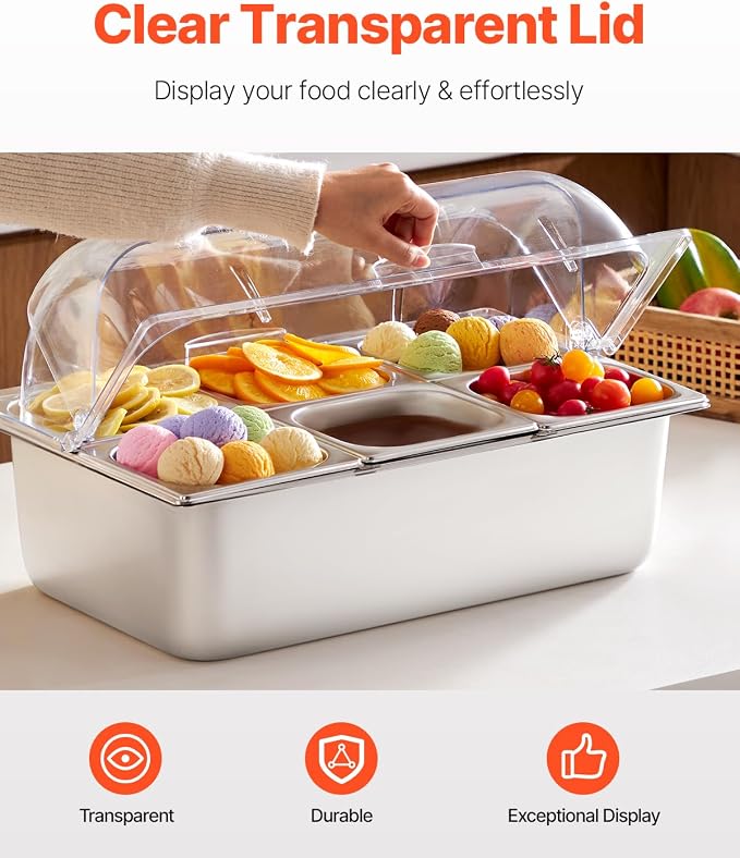 VEVOR Countertop Food Serving Display Container, 6 Pan Stainless Steel Food - Image 3