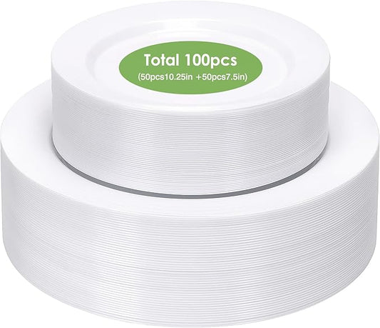 Moretoes 100PCS White Plastic Plates Disposable 10.25inch Dinner Plates and 7.5inch Dessert Salad Plate Heavy Duty Plate for Wedding Party and Birthday
