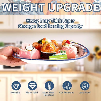 50Pcs Fall Oval Paper Plates Thanksgiving Plates 10" X 12" Large Disposable Blue White Pumpkin Plate Autumn Sunflower Platter Dinner Tableware for Autumn Harvest Thanksgiving Party Decorations