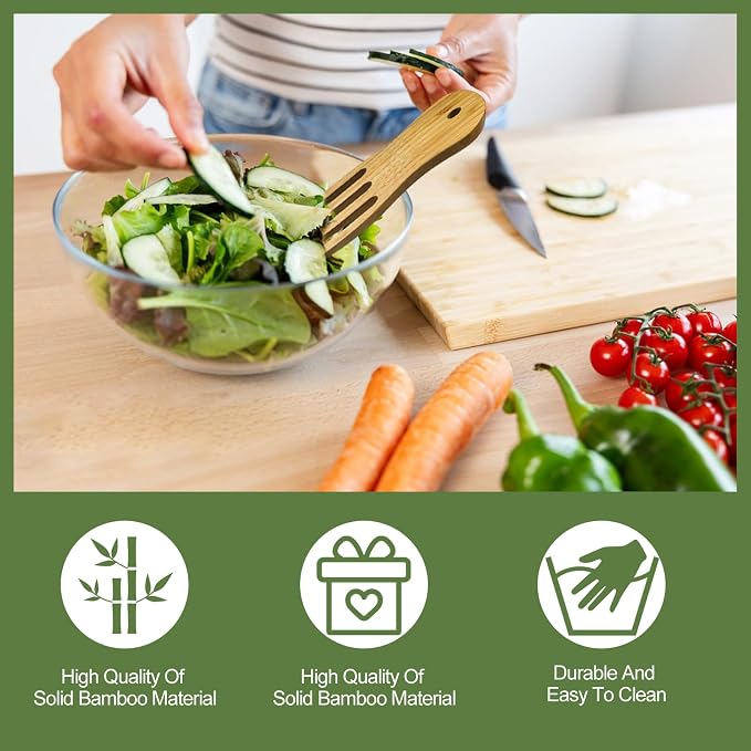 Bamboo Salad Servers, Cooking Utensil, Salad Spinner Tongs Set of 2 | Wooden - Image 6