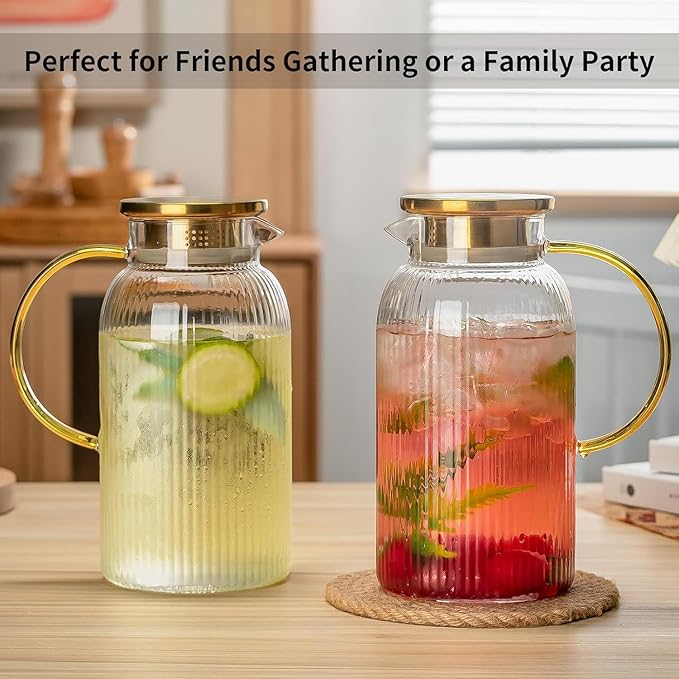 2 PACK Glass Pitcher with Lid, 84oz/2.5L Liter Classic Vertical Stripes Water Pitcher,Glass Water Carafe for Cold Brew, Coffee, Lemonade, Iced Tea,Sun Tea, Beverage, Heat Resistant
