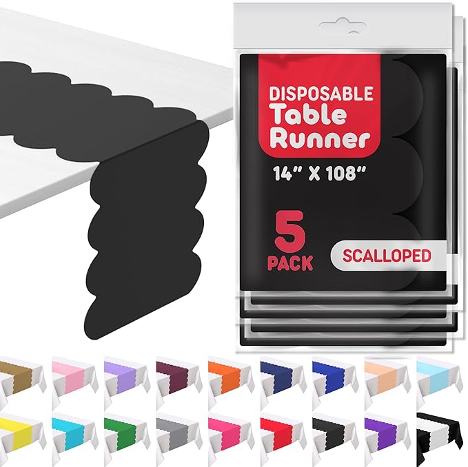 Black Scallop Table Runner, Disposable Plastic, 5 Pack by Swanoo
