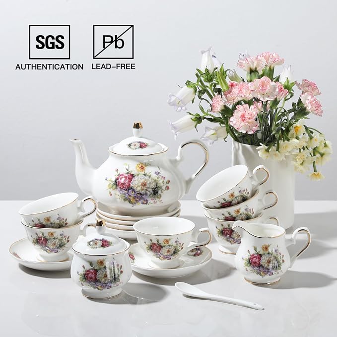 Sweejar Porcelain Tea Set Vintage Floral, British Relief Gold Rim Teapot Cup - Image 3