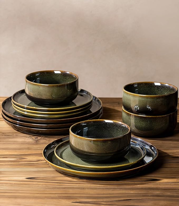 Ceramic Dinnerware Set for 4, 12-Piece Plates and Bowls Set | Handmade Reactive - Image 5