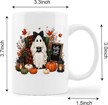 kunlisa Fall Halloween Ghost Pumpkin Mug Cup 11oz | Coquette Bow Ghost Fall - Image 2