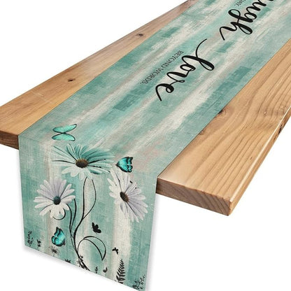 Daisy Floral Table Runner, Spring Summer Teal Floral Flower Boho Butterfly - Image 4