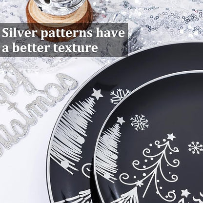KIRE 150PCS Christmas Plates Disposable & Dinnerware Set for 25 Guests - Black & Silver Plates, Plastic Silverware & Cups With Silver Rim for Christmas/New Year