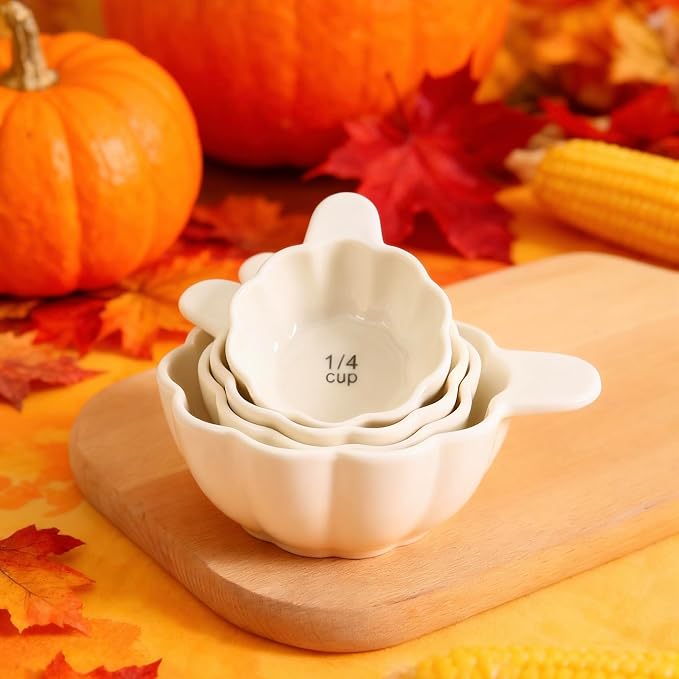 Pumpkin Ceramic Measuring Cups, 4-Piece Set, ⅓ & ¼ Cup Sizes, Baking & Cooking - Image 5