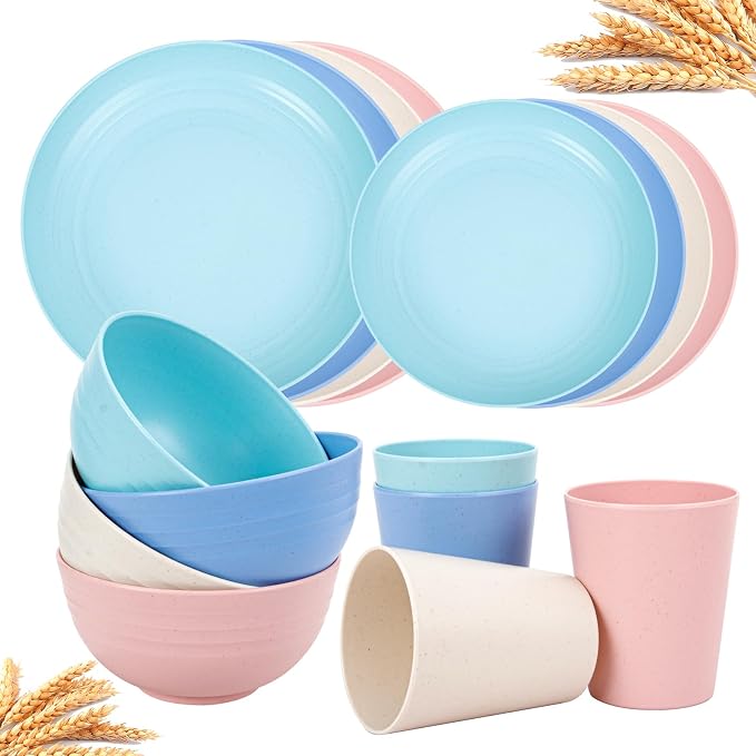 Rubtlamp Wheat Straw Plates and Bowls sets, Reusable Plastic Plate Set by Rubtlamp