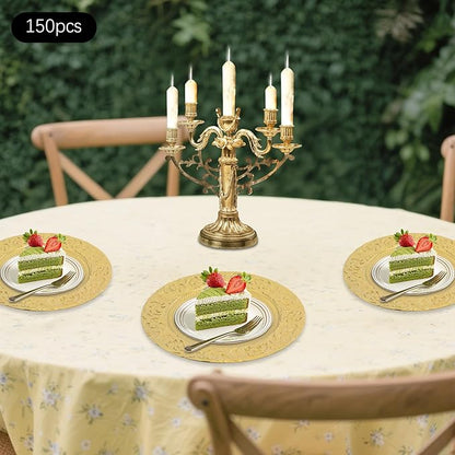 150 Pcs Antique Charger Plates Bulk, 13in Reusable Serving Plates Embossed Rim Plastic Party Dinner Plate Chargers Round Decorative Server Plate for Wedding Party Event Tableware